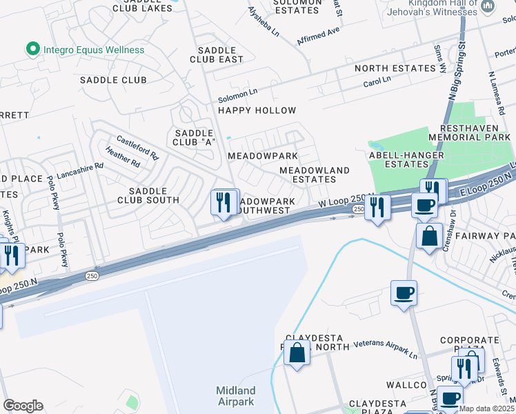 map of restaurants, bars, coffee shops, grocery stores, and more near 5100 North A Street in Midland