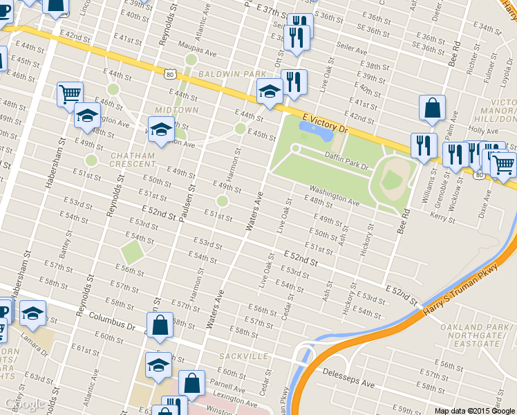map of restaurants, bars, coffee shops, grocery stores, and more near 1102 E 50th St in Savannah