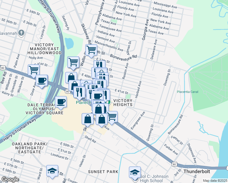 map of restaurants, bars, coffee shops, grocery stores, and more near 2119 East 41st Street in Savannah