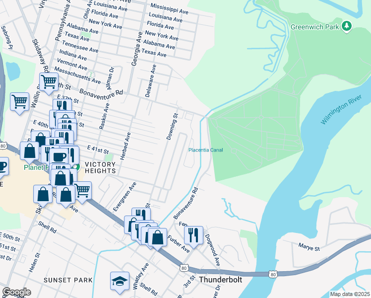 map of restaurants, bars, coffee shops, grocery stores, and more near 321 Laurel Oak Ln in Thunderbolt