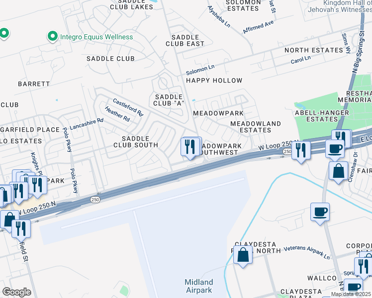 map of restaurants, bars, coffee shops, grocery stores, and more near 5101 North A Street in Midland