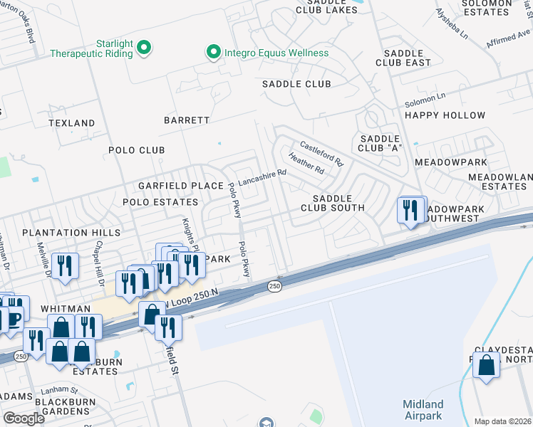 map of restaurants, bars, coffee shops, grocery stores, and more near 1602 Castleford Road in Midland