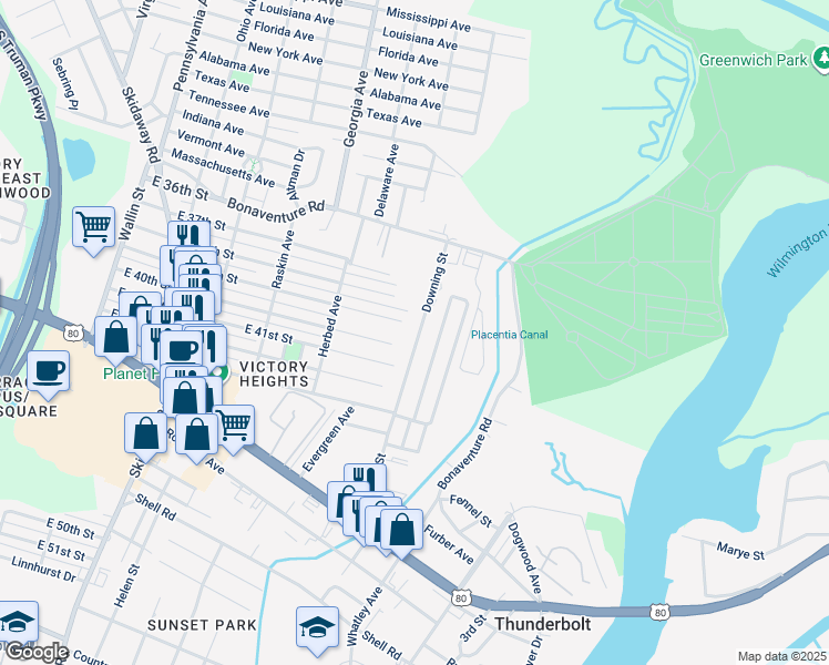 map of restaurants, bars, coffee shops, grocery stores, and more near 2105 Downing Street in Thunderbolt