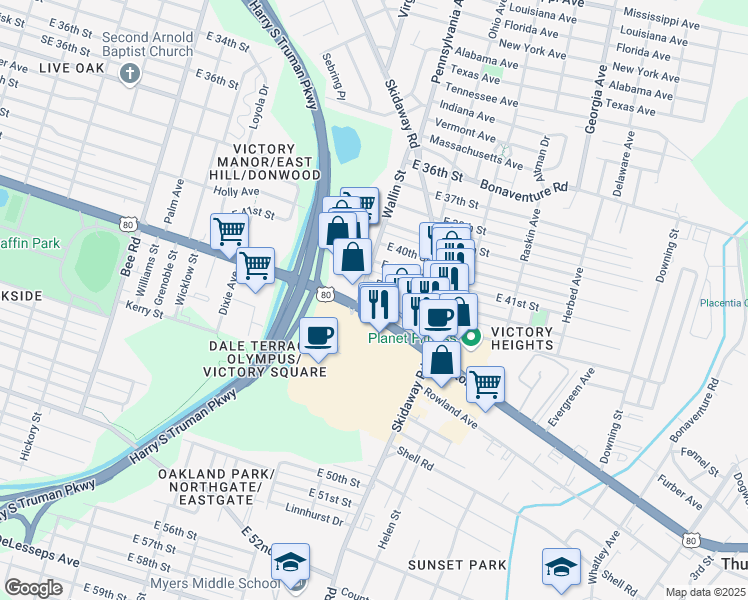 map of restaurants, bars, coffee shops, grocery stores, and more near 2010 East Victory Drive in Savannah
