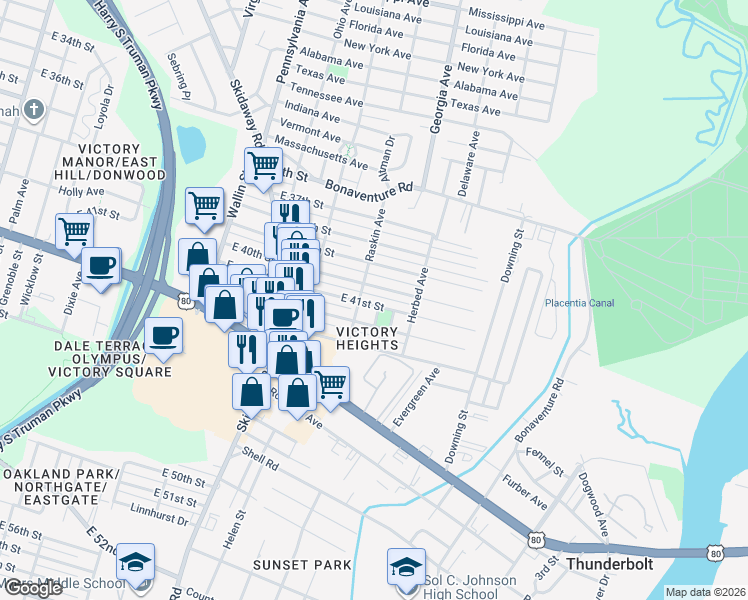 map of restaurants, bars, coffee shops, grocery stores, and more near 2210 East 41st Street in Savannah