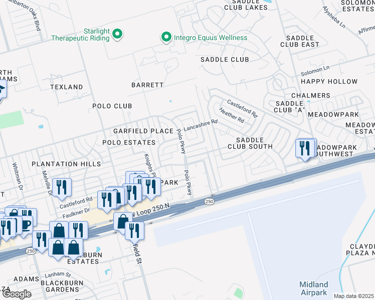 map of restaurants, bars, coffee shops, grocery stores, and more near 1715 Coventry Lane in Midland