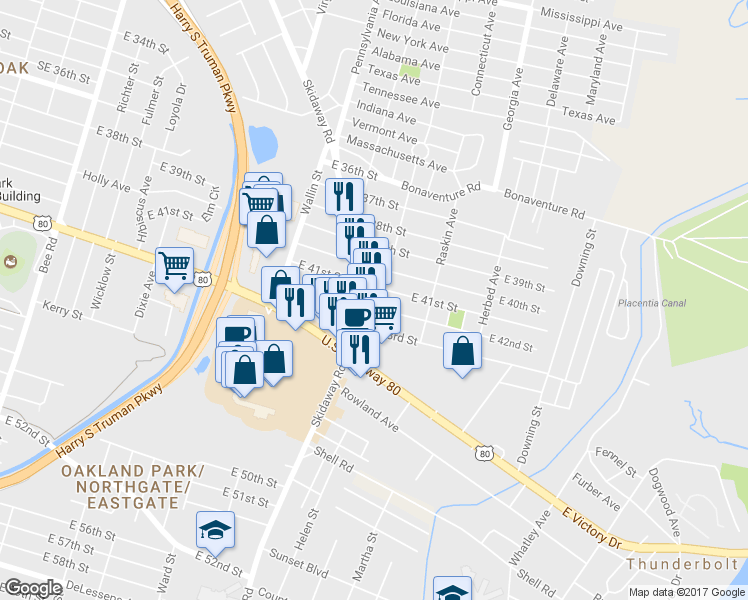 map of restaurants, bars, coffee shops, grocery stores, and more near 2510 Skidaway Road in Savannah