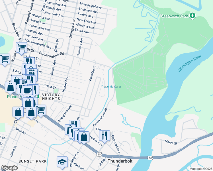 map of restaurants, bars, coffee shops, grocery stores, and more near 321 Laurel Oak Lane in Thunderbolt