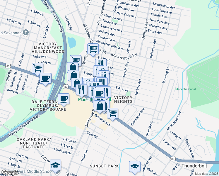 map of restaurants, bars, coffee shops, grocery stores, and more near 2510 Skidaway Road in Savannah