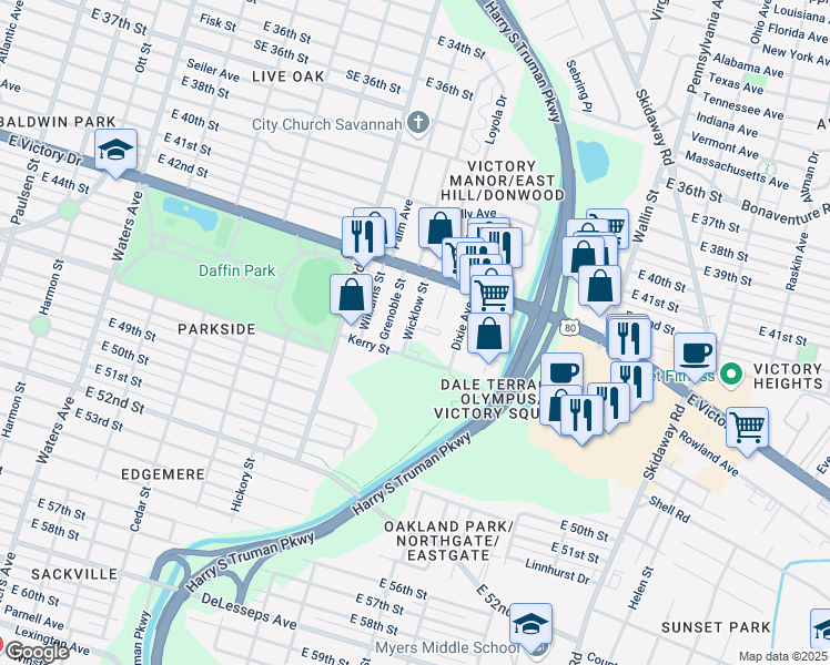 map of restaurants, bars, coffee shops, grocery stores, and more near 2825 Wicklow Street in Savannah