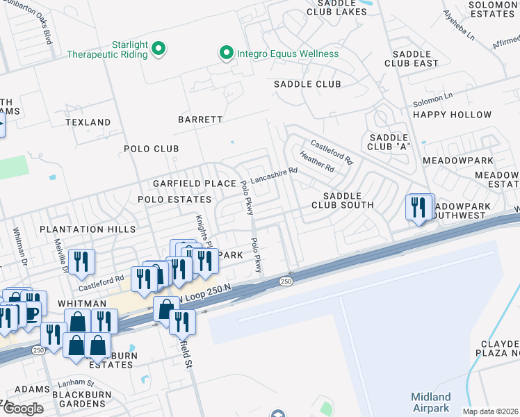 map of restaurants, bars, coffee shops, grocery stores, and more near 1715 Coventry Lane in Midland