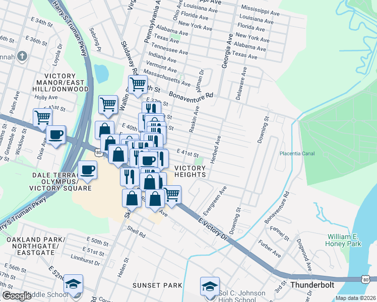 map of restaurants, bars, coffee shops, grocery stores, and more near 2210 East 41st Street in Savannah
