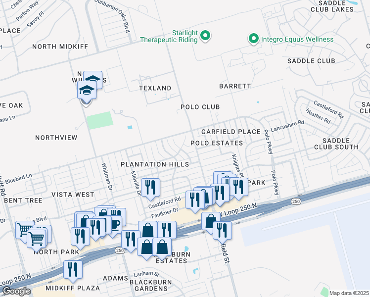 map of restaurants, bars, coffee shops, grocery stores, and more near 5002 Belle Grove Court in Midland