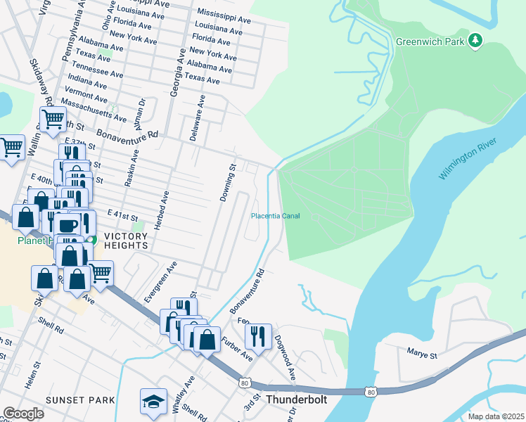 map of restaurants, bars, coffee shops, grocery stores, and more near 321 Laurel Oak Lane in Thunderbolt