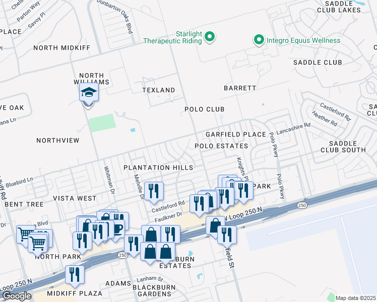 map of restaurants, bars, coffee shops, grocery stores, and more near 5002 Belle Grove Court in Midland
