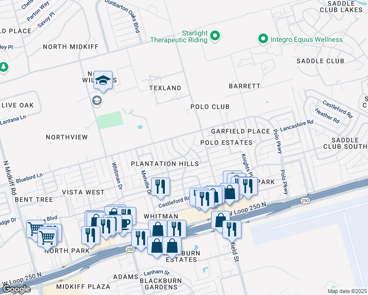 map of restaurants, bars, coffee shops, grocery stores, and more near 5002 Chapel Hill Drive in Midland