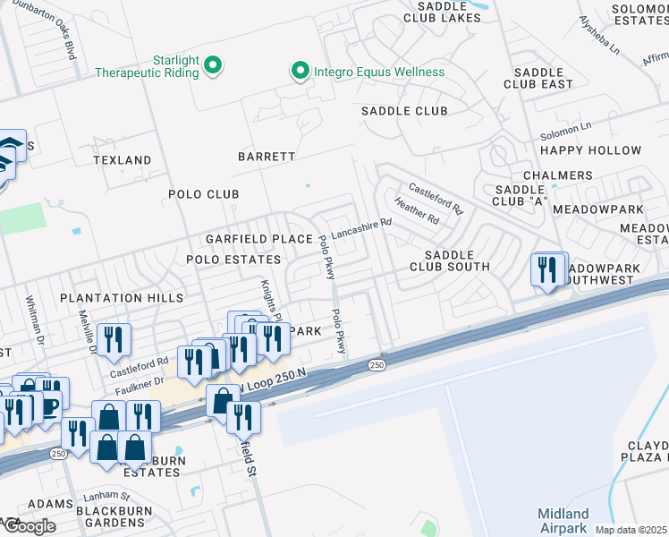 map of restaurants, bars, coffee shops, grocery stores, and more near 1715 Coventry Lane in Midland
