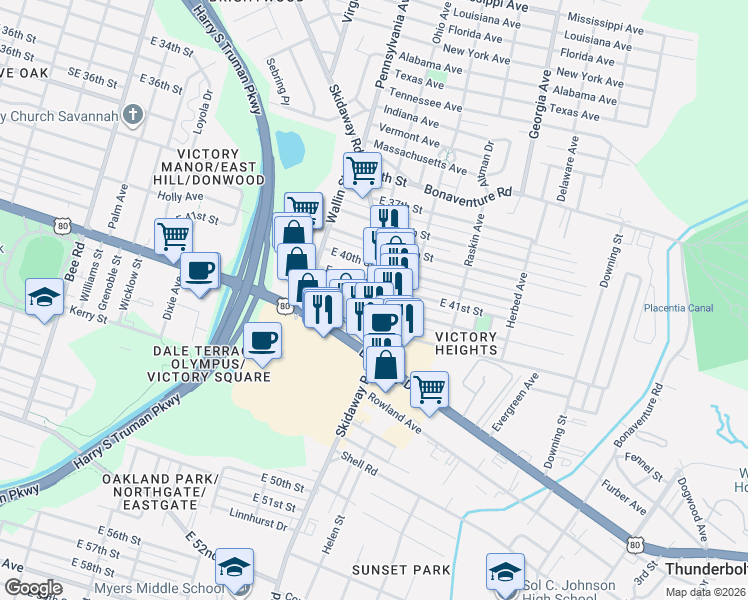 map of restaurants, bars, coffee shops, grocery stores, and more near 2045 East 42nd Street in Savannah