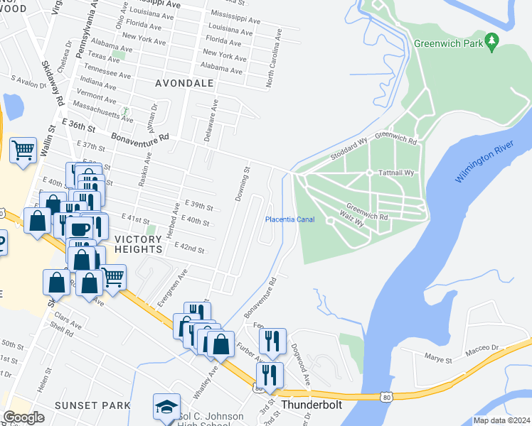 map of restaurants, bars, coffee shops, grocery stores, and more near 328 Laurel Oak Lane in Thunderbolt