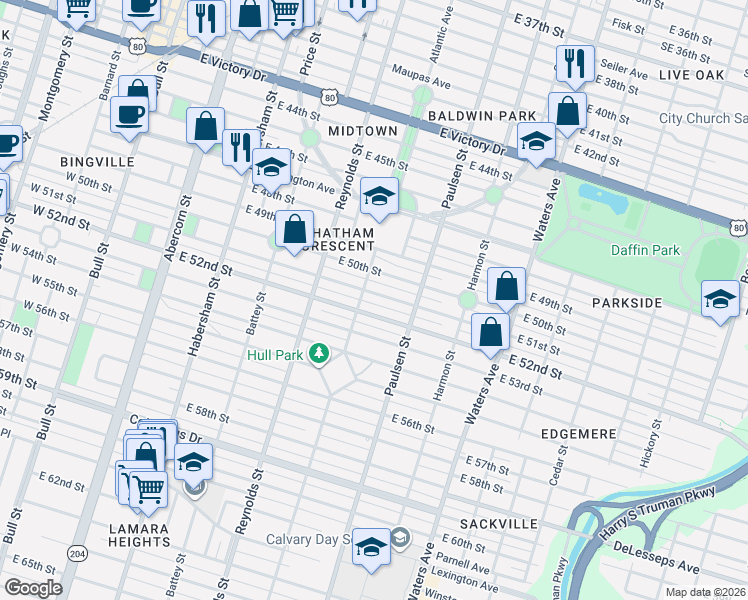 map of restaurants, bars, coffee shops, grocery stores, and more near 520 East 52nd Street in Savannah