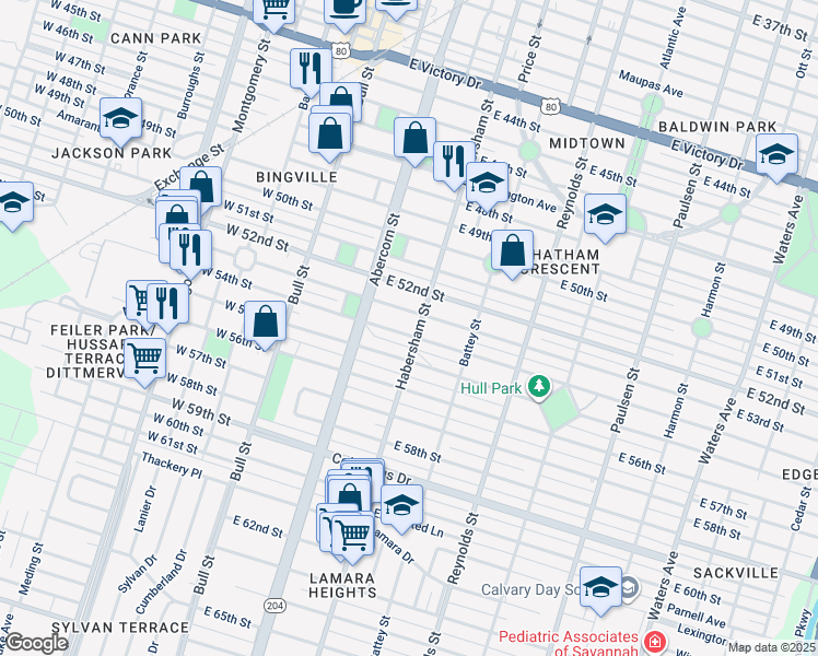map of restaurants, bars, coffee shops, grocery stores, and more near 3801 Habersham Street in Savannah