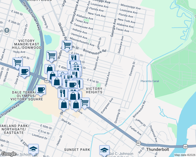 map of restaurants, bars, coffee shops, grocery stores, and more near 2210 East 41st Street in Savannah
