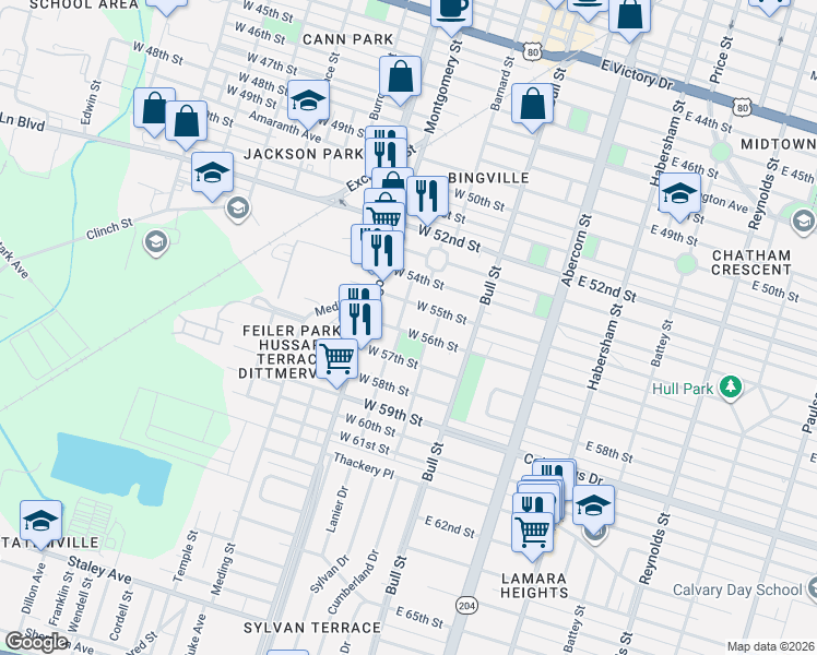 map of restaurants, bars, coffee shops, grocery stores, and more near 100 West 57th Street in Savannah
