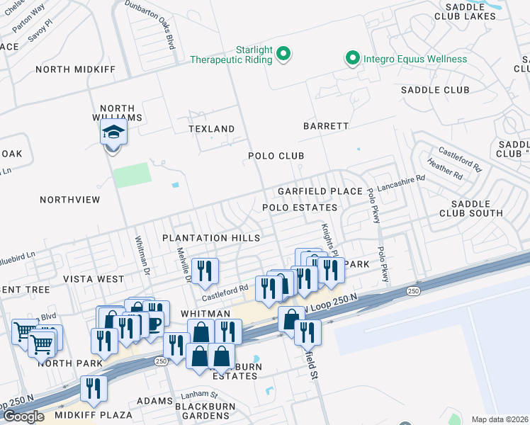 map of restaurants, bars, coffee shops, grocery stores, and more near 5002 Belle Grove Court in Midland