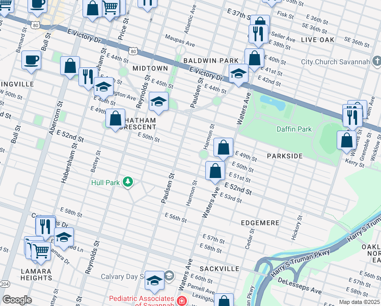 map of restaurants, bars, coffee shops, grocery stores, and more near 622 East 51st Street in Savannah