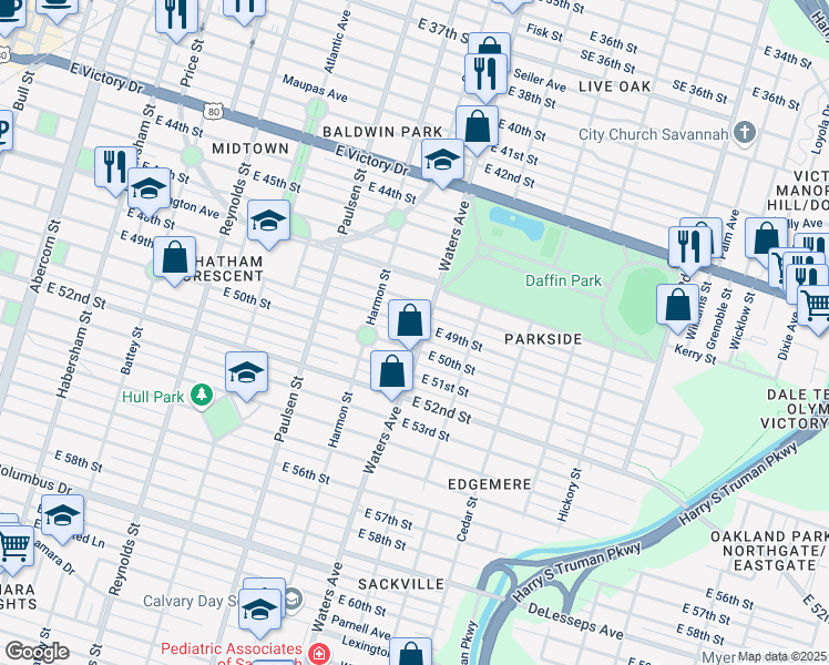map of restaurants, bars, coffee shops, grocery stores, and more near 1102 East 50th Street in Savannah
