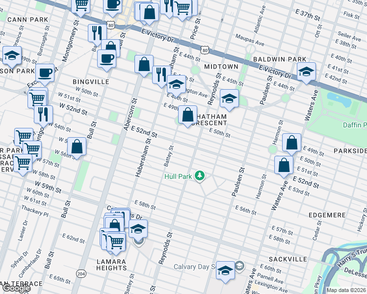 map of restaurants, bars, coffee shops, grocery stores, and more near 309 East 53rd Street in Savannah