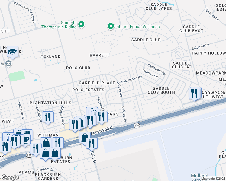 map of restaurants, bars, coffee shops, grocery stores, and more near 1806 Devonshire Court in Midland