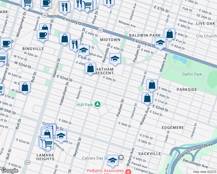 map of restaurants, bars, coffee shops, grocery stores, and more near 431 East 52nd Street in Savannah