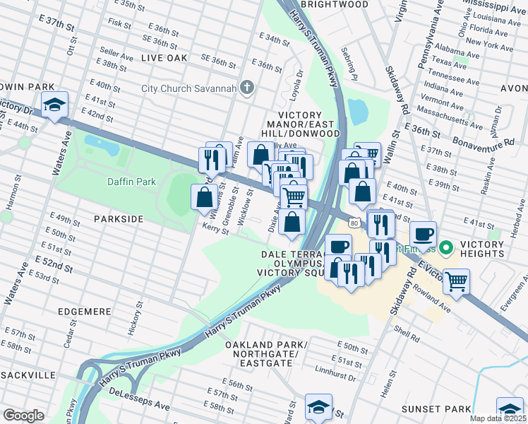 map of restaurants, bars, coffee shops, grocery stores, and more near 1701 East Victory Drive in Savannah
