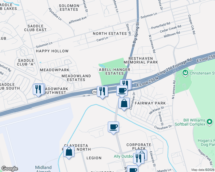 map of restaurants, bars, coffee shops, grocery stores, and more near State Highway 250 Loop Frontage Road in Midland