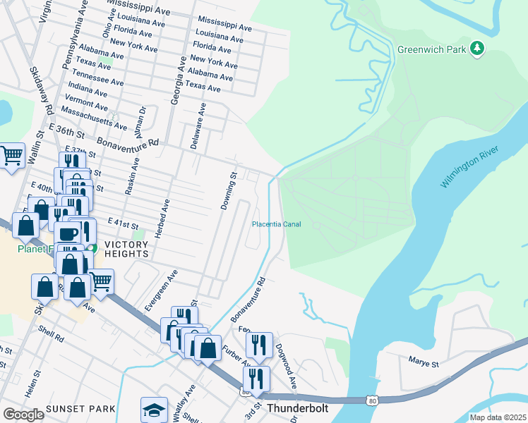 map of restaurants, bars, coffee shops, grocery stores, and more near 321 Laurel Oak Lane in Thunderbolt