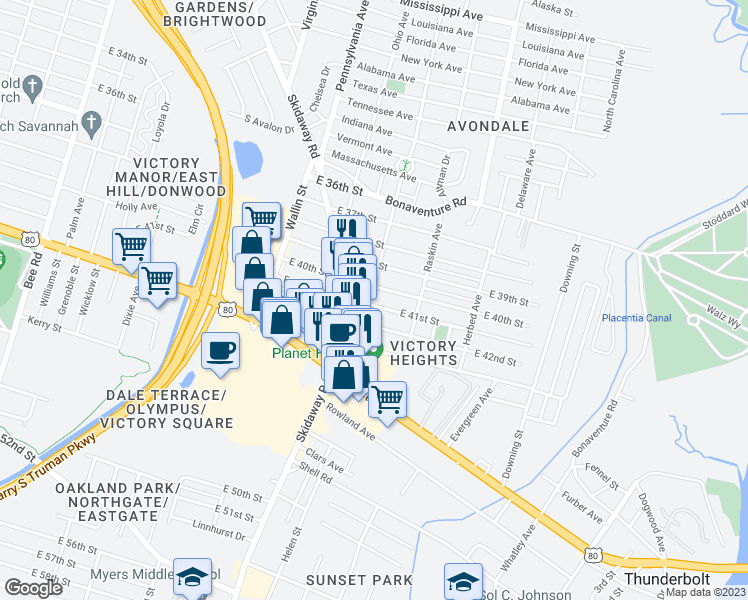 map of restaurants, bars, coffee shops, grocery stores, and more near 2510 Skidaway Road in Savannah