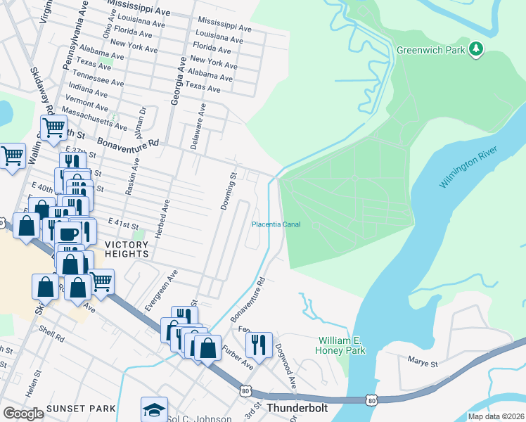 map of restaurants, bars, coffee shops, grocery stores, and more near 321 Laurel Oak Lane in Thunderbolt