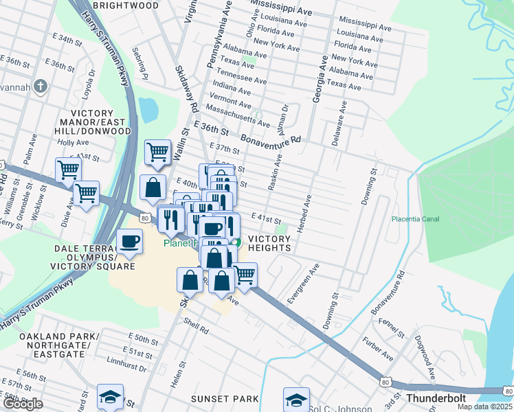 map of restaurants, bars, coffee shops, grocery stores, and more near 2119 East 41st Street in Savannah