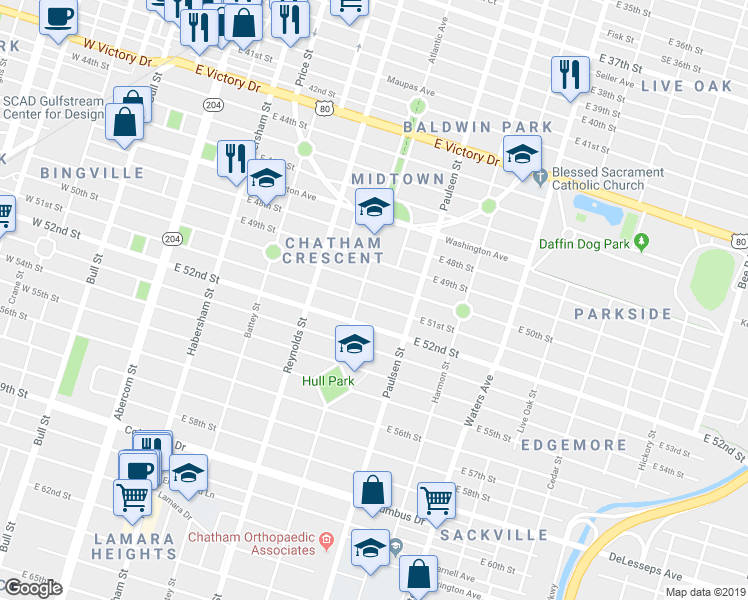 map of restaurants, bars, coffee shops, grocery stores, and more near 504 East 50th Street in Savannah