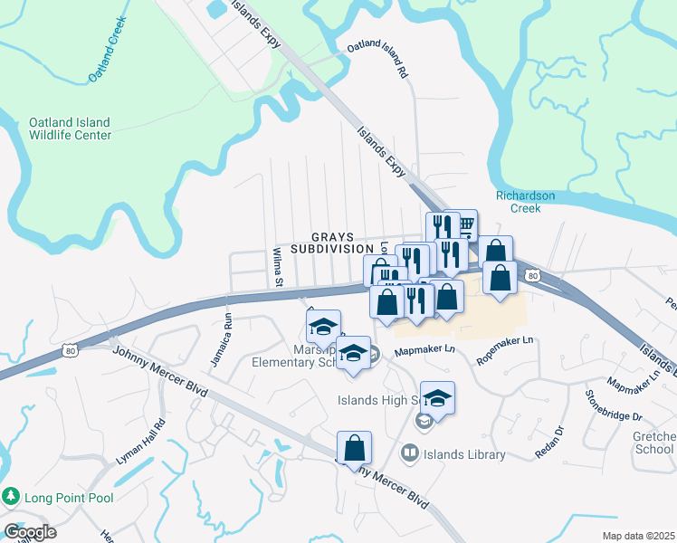 map of restaurants, bars, coffee shops, grocery stores, and more near 1110 Juanita Street in Savannah