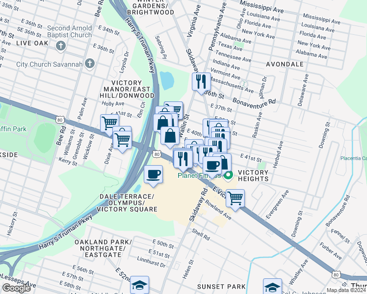 map of restaurants, bars, coffee shops, grocery stores, and more near 2008 East 42nd Street in Savannah