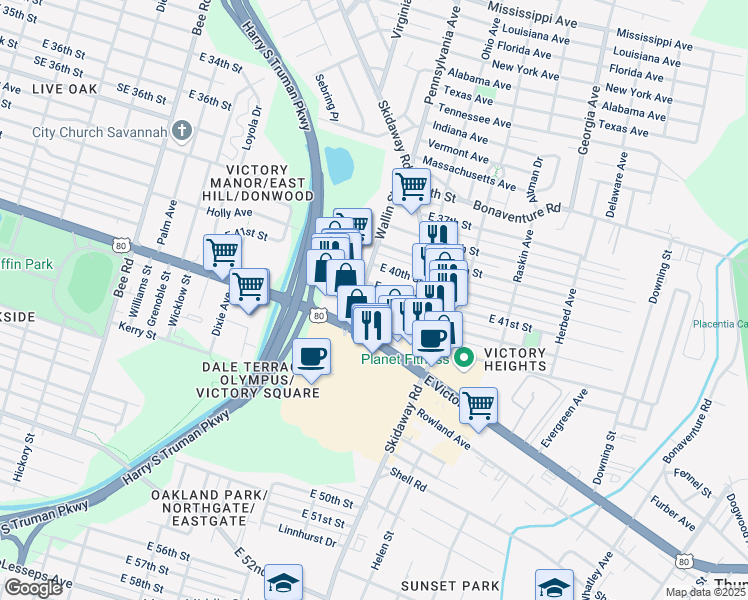 map of restaurants, bars, coffee shops, grocery stores, and more near 2008 East 41st Street in Savannah