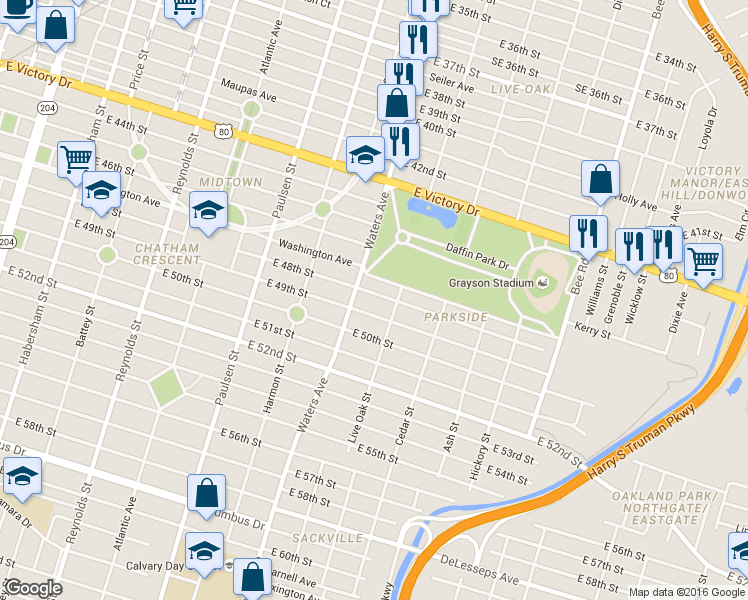 map of restaurants, bars, coffee shops, grocery stores, and more near 1117 Washington Avenue in Savannah