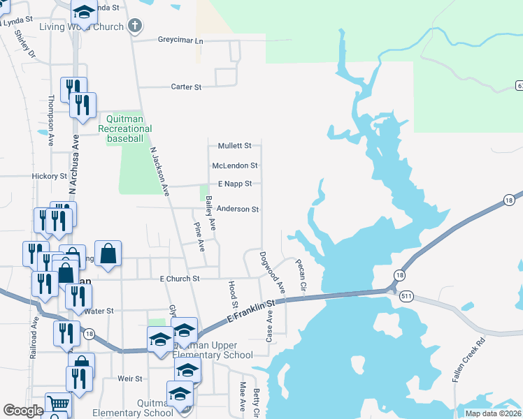 map of restaurants, bars, coffee shops, grocery stores, and more near 242 Dogwood Avenue in Quitman
