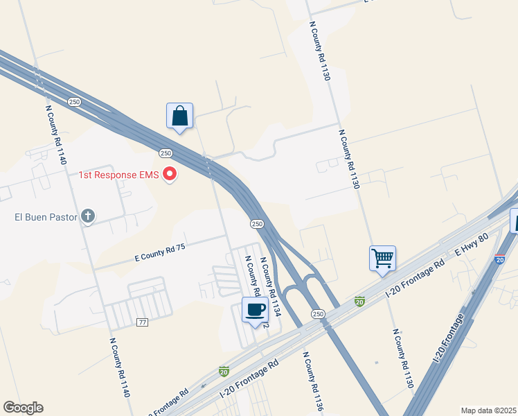 map of restaurants, bars, coffee shops, grocery stores, and more near Texas 250 Loop in Midland