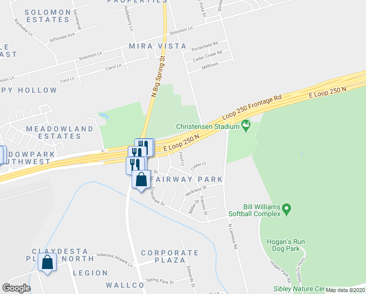 map of restaurants, bars, coffee shops, grocery stores, and more near Loop 250 Frontage Road in Midland