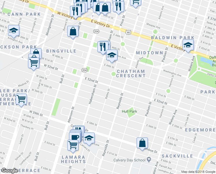 map of restaurants, bars, coffee shops, grocery stores, and more near 233 East 52nd Street in Savannah