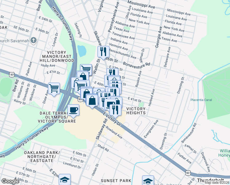 map of restaurants, bars, coffee shops, grocery stores, and more near 2120 East 40th Street in Savannah