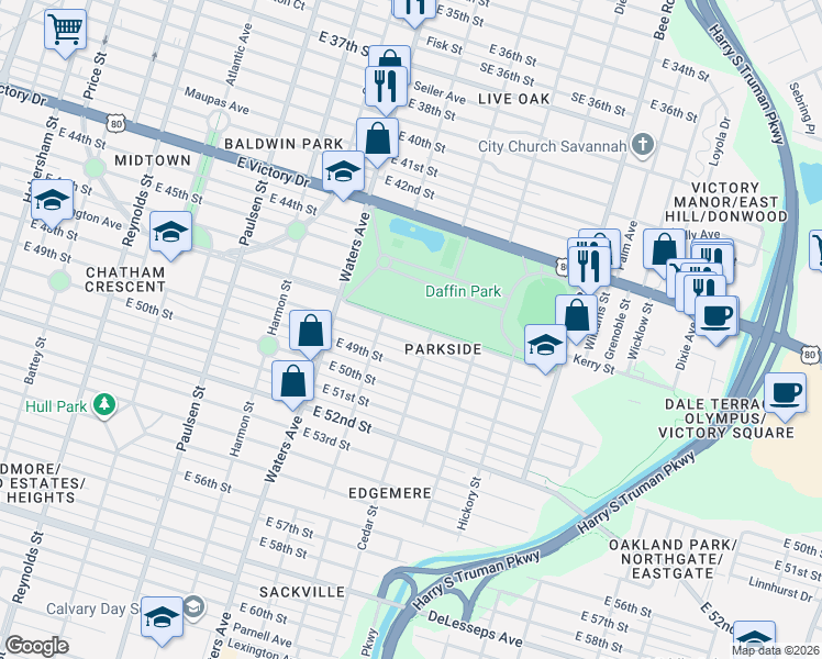 map of restaurants, bars, coffee shops, grocery stores, and more near 1211 Washington Avenue in Savannah